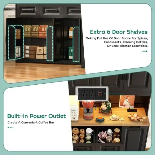72" Tall 60" Wide Extra Large Pantry Storage Cabinet w/Power Outlet,LED Light,Farmhouse Kitchen Hutch Food Pantry image 6