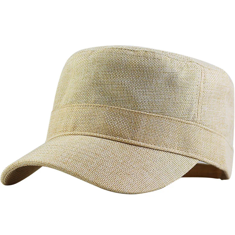 2021 Summer Cool Thin Faux Linen Flat Top Sun Hat Men Big Size Army Military Cap 56-60cm 60-66cm