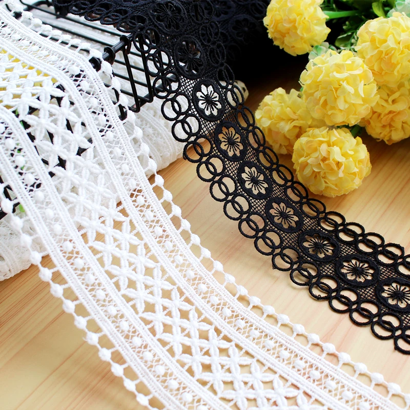 Embroidered Flower Lace Fabric Applique, Polyester Sewing Craft, Crochet, Off White, Black Net, Clothes, 2 Yards/Lot