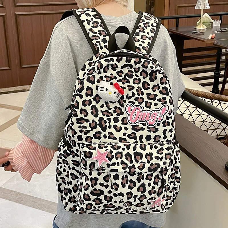 

Hello Kitty Leopard Print Backpack Women Fashion Large Capacity KT Cat Casual School Bag
