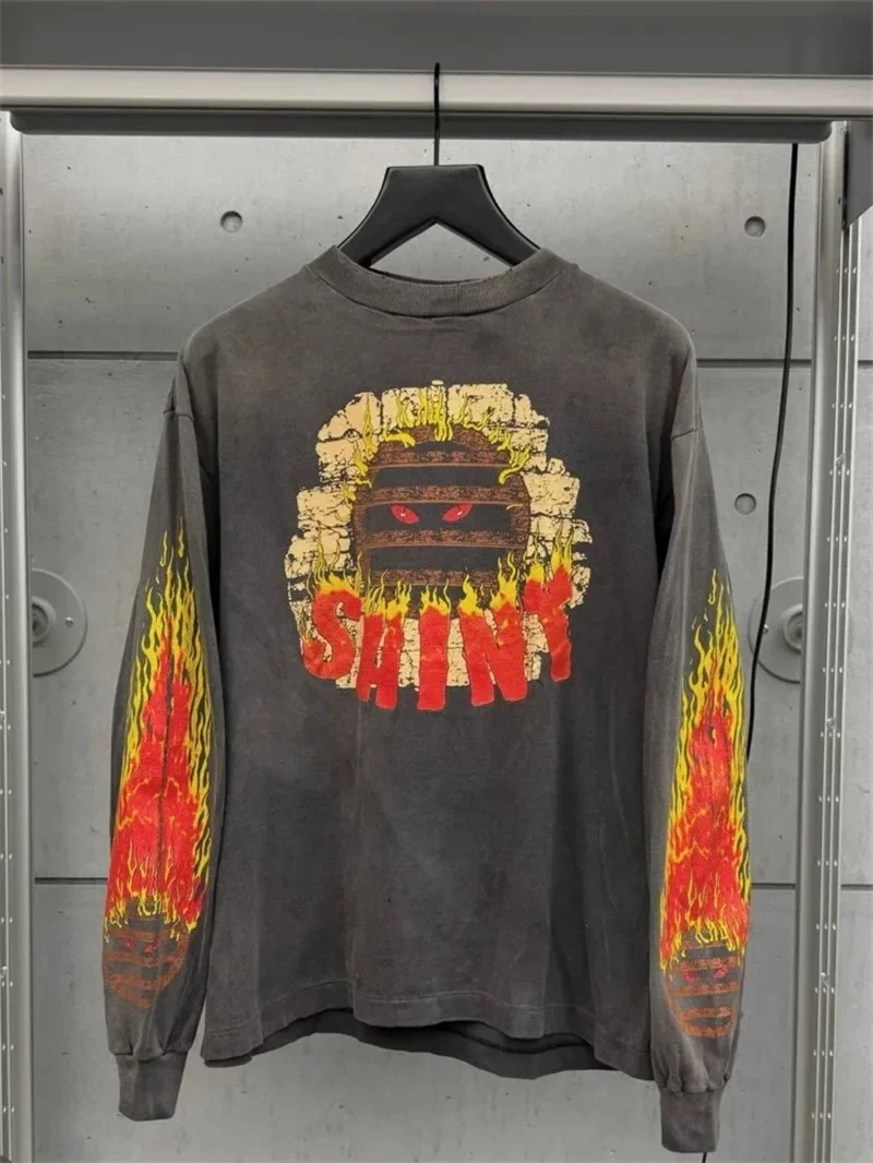 25SS Pure Cotton Saint Michael Hip Hop Hoodies Men Women 1:1 Washed Black Flame Pattern Long Sleeved T Shirts