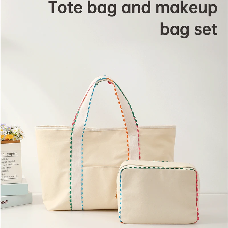 

New color-matched canvas handbag for ladies, large capacity, colorful patchwork lace cosmetic bag, outdoor travel storage bag