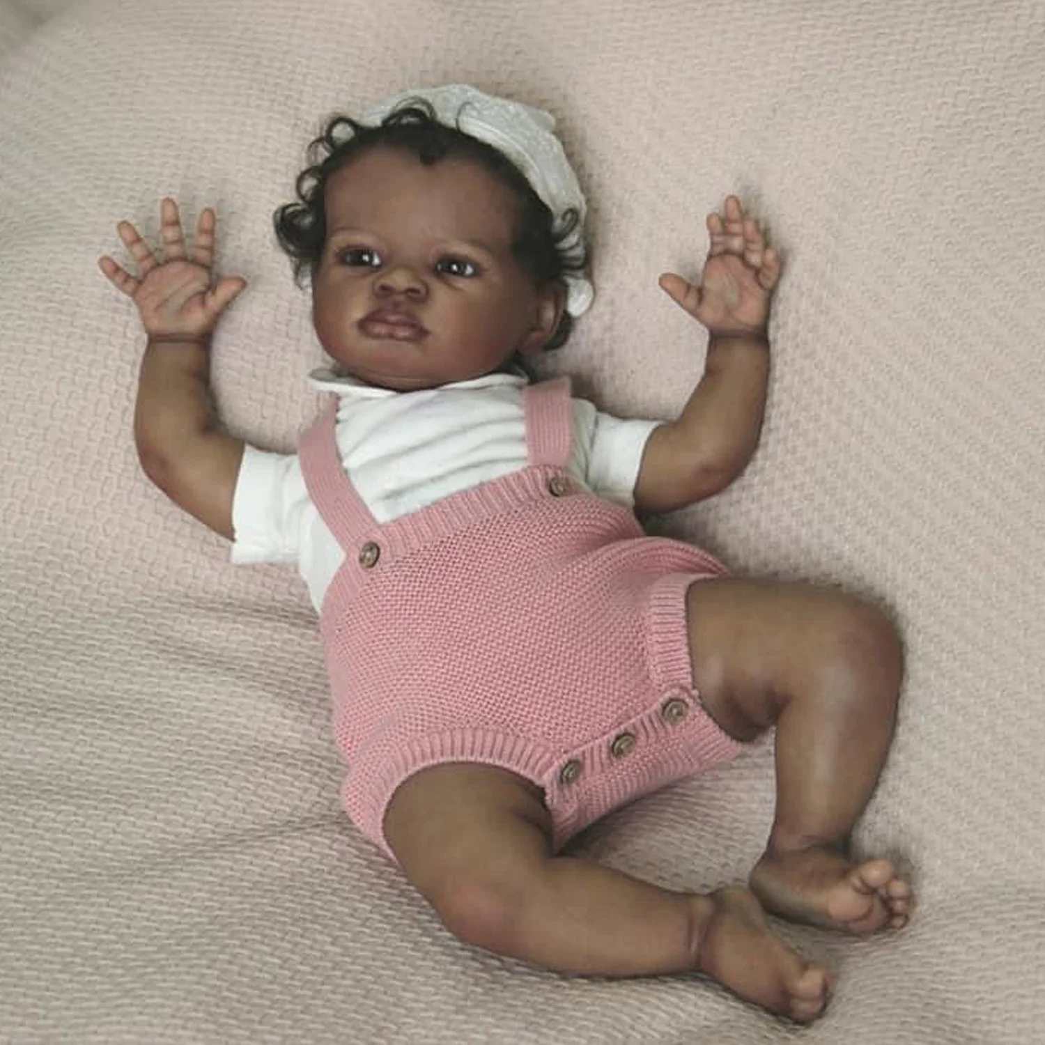 19inch Lifelike Cuddly Reborn Baby Doll Lanny Dark Skin Soft Cotton Body Multiple Layers Painting Skin With Hand Root Hair
