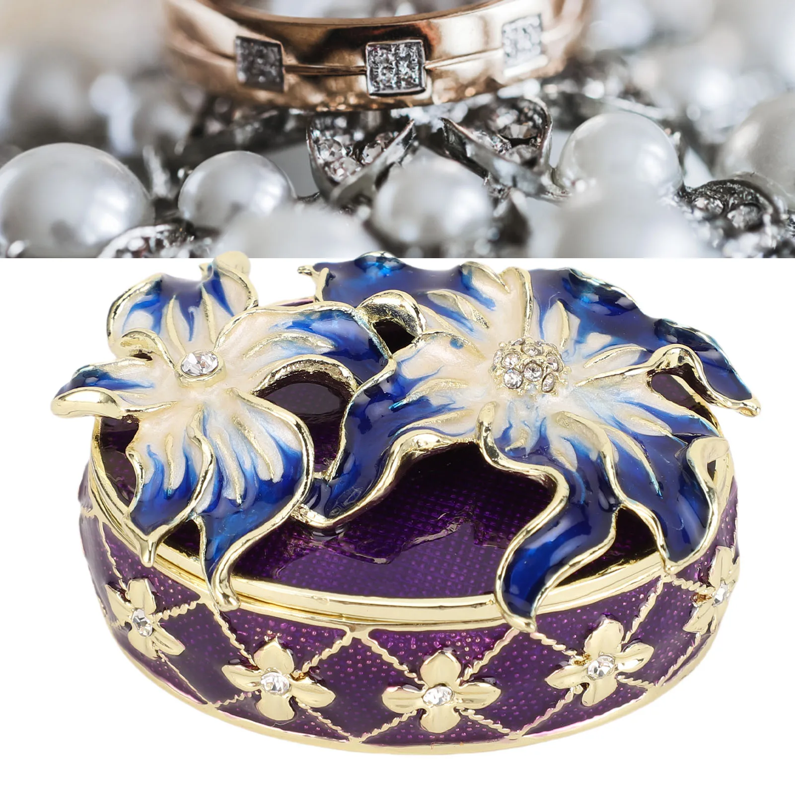 

Шкатулка для украшений с эмалью, синяя орхидея, металлическая, с декором из страз, маленький органайзер для колье, колец, серег