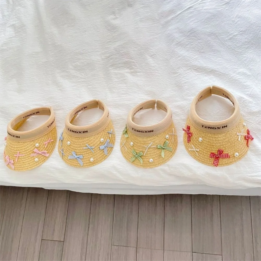 

Bowknot Kids Summer Straw Hat Empty Top UV Protection Large Brim Sun Visor Cap Wide Brim Comfortable Empty Top Baseball Cap