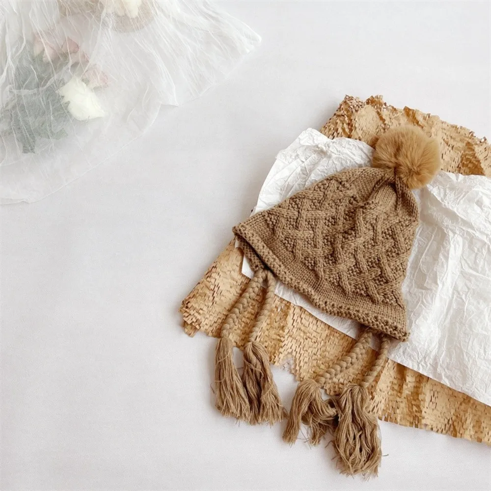 

Korean Autumn Winter Baby Crochet Hat Soft Warm Tassel Pigtail Hand Knitted Cap Outdoor Pom-pom Ear Protection Cap Boys Girls