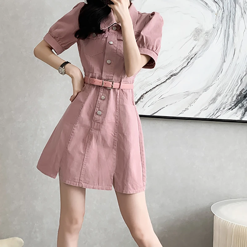 EVNISI Women Elegant Short Sleeve Denim Dress With Belt Polo Collar High Wais Slim Office A-line Dresses Women Summer Vestido