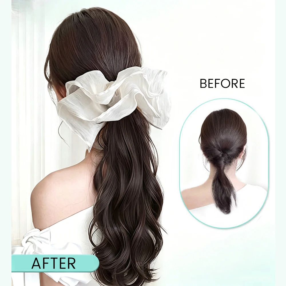 OLACARE Synthetic Claw Clip Ponytail 18Inch Long Wavy Black Brown Heat Resistant Type Layered Horse Tail Hair Extension