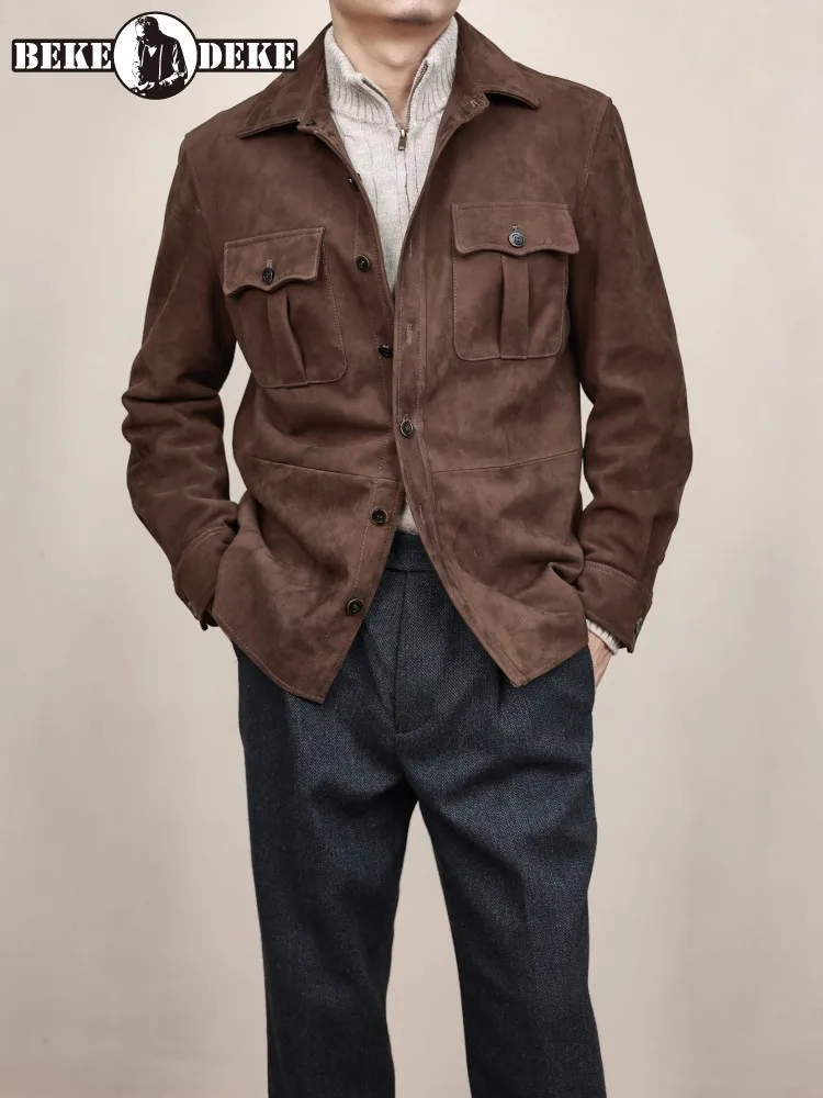 

Mens Vintage Shirt Jacket Spring Autumn Long Sleeve Loose Fit Genuine Leather Casual Coat Single Breasted Suede Sheepskin Tops