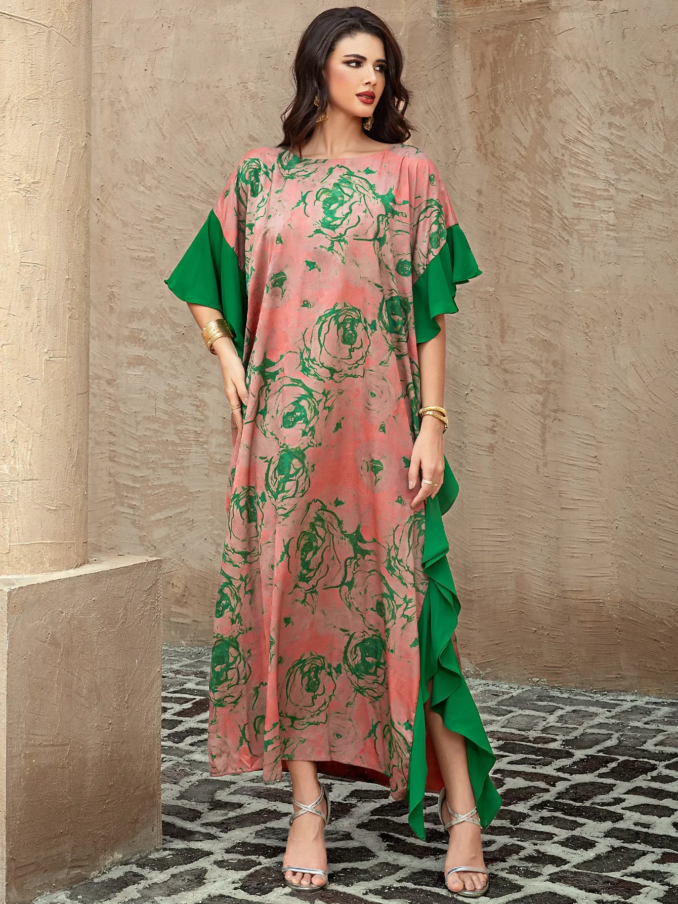 ラマダン ムスリム女性 プリントドレス アバヤ ドバイ カフタン フリル ケバヤ カフタン マロカン 女性用ローブ イスラム ジャラビーヤ イード ジェラバ ガウン