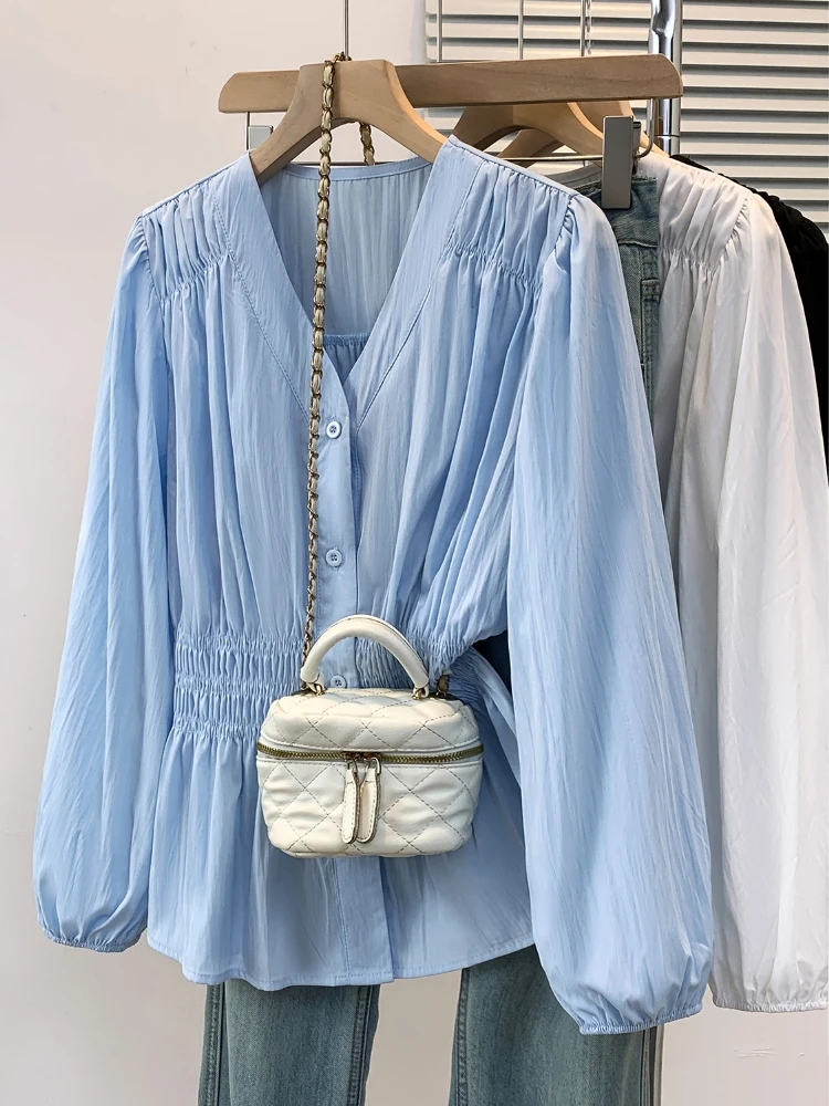 

2025 V-neck Long Sleeved Plus Size Shirt Loose Pleated Ruffle Oversized Tops Ladies Chic Elegant Solid Versatile Blouse