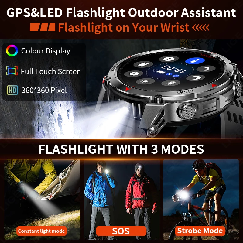 Militär Outdoor Smart Uhr Männer Sport GPS Uhren LED Taschenlampe 540 mAh Batterie Wasserdicht Kompass Bluetooth Anruf Smartwatches