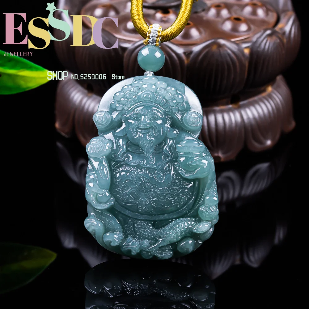 Natural Ice Green Jadeite Carved Chinese RuYi God of Wealth Lucky Pendant Amulet Necklace Certificate Trendy Jade Jewelry Gift