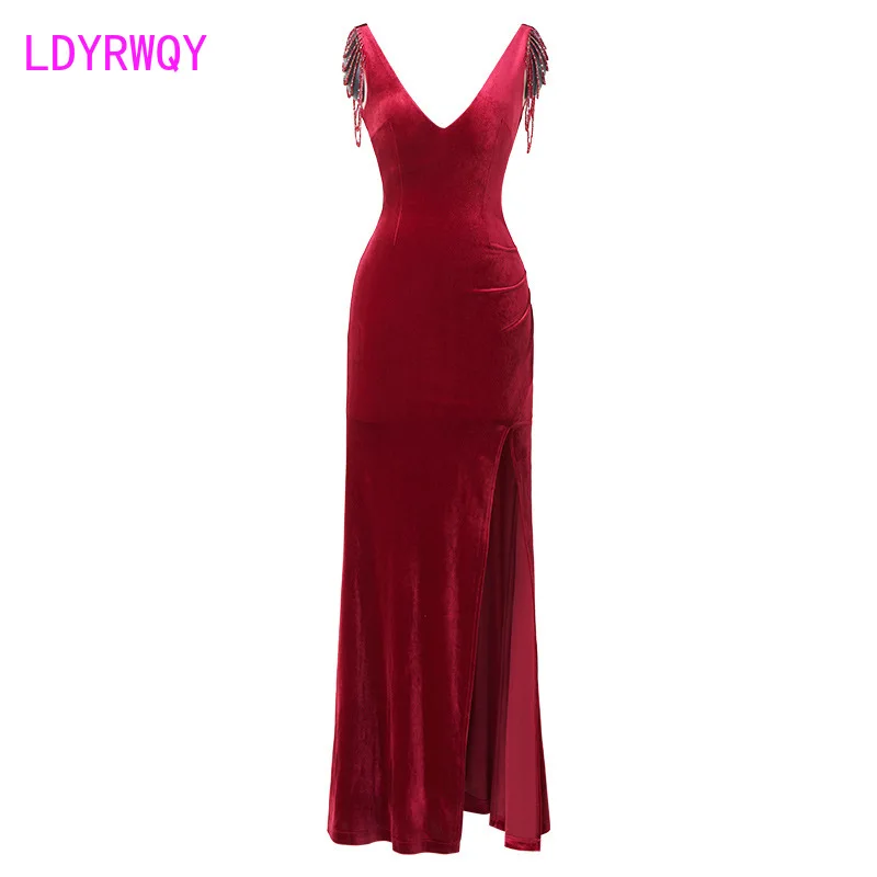 2022 New sexy nightclub low-cut beaded dress celebrity temperament hip cover split