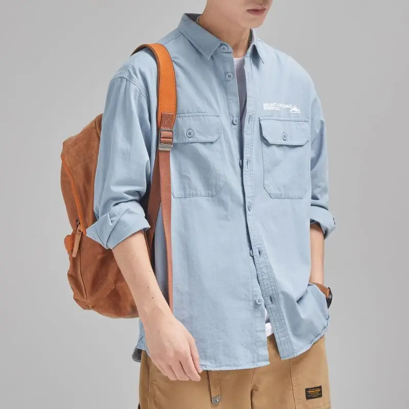 Men Clothing Spring Autumn Trendy Japanese Style Vintage Workwear Shirt Male Casual Letter Print Pockets Long Sleeve Loose Tops