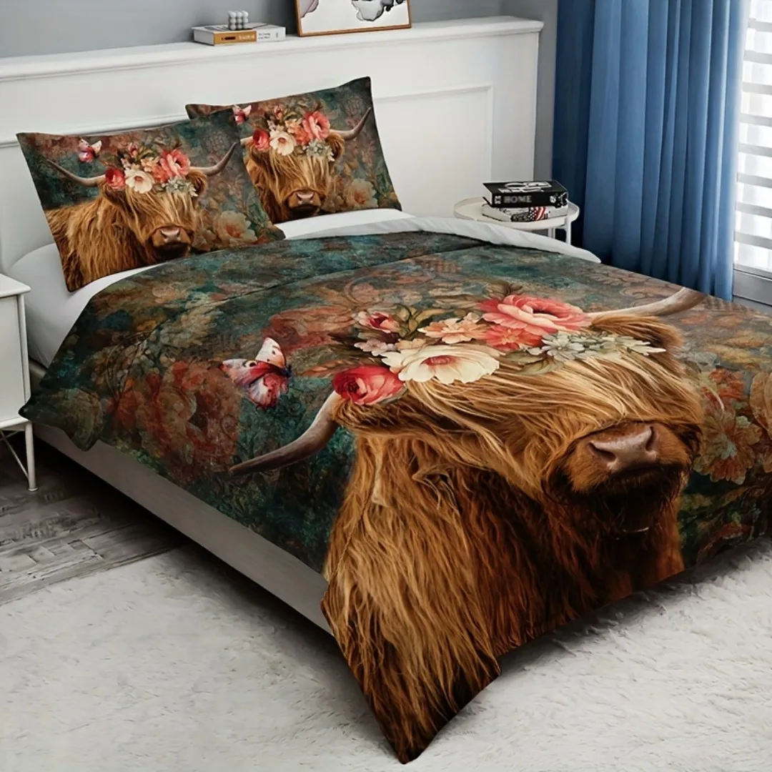 Highland Cattle Digital Printed Bedding Set Soft Cozy Duvet Cover Set King Queen Twin Single Size Bithday Gift Room Decoration