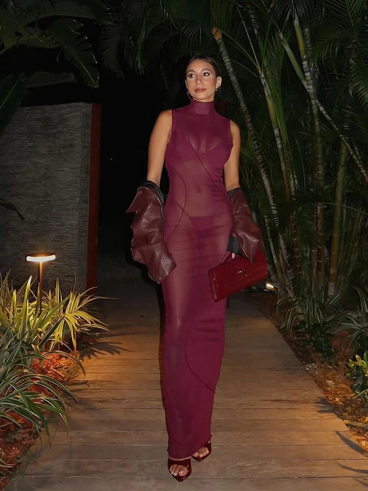 Nibber Sexy Maille Voir À Travers La Robe Femmes Lignes Patchwork Col Roulé Sans Manches Minuit Prom Parti Élégant Volants Longue Moulante