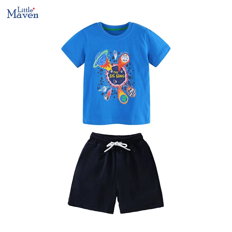 Little maven 2024 Baby Boys Clothes Sets Summer Universe Meteorite Planet Tops and Short Pants for Kids Clothing Sets