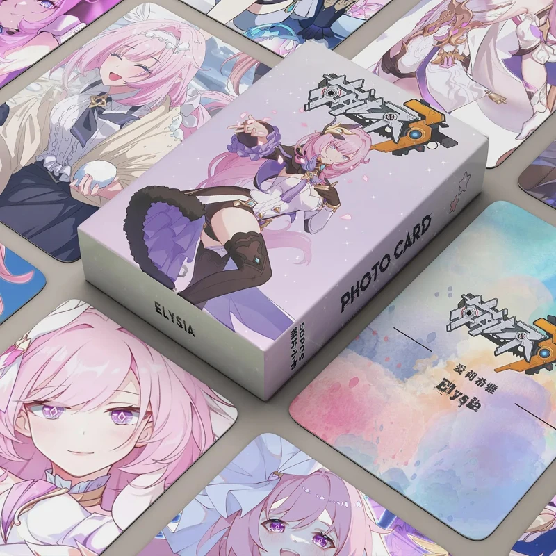 Tarjeta Lomo láser de Anime Honkai Impact, tarjetas fotográficas de álbum pequeño HD para colección de Fans, tarjeta postal, decoración Elysia, 3rd 50 unids/set