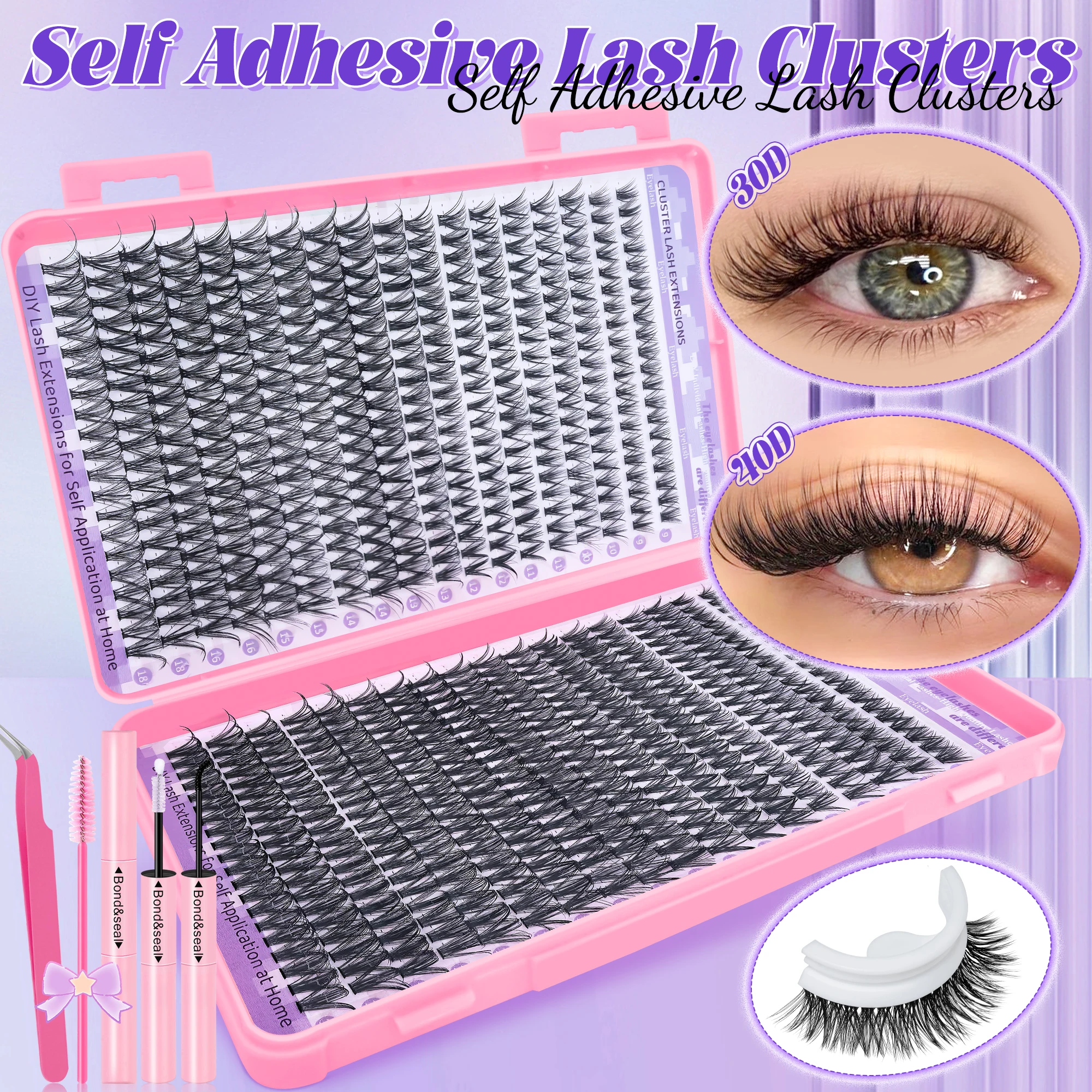 720PCS-30D/40D com adesivo, pinça, escova e modelador de cílios para DIY em casa. Desgaste longo sem fadiga ocular, como luz como fe