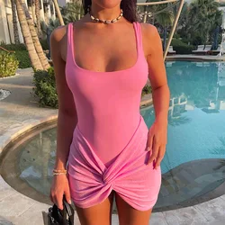 Solid Casual Vacation Two Piece Sets Sleeveless Elegent Bodysuits + Folds Sexy Mini Skirts Suits Women Fashion Outfits