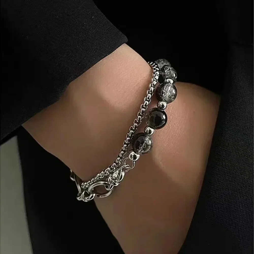 Stainless Steel Retro Black Cracking Beads Bracelet for Men Women Double Layered Chain Fashion Hip-pop Jewelry Pulseras