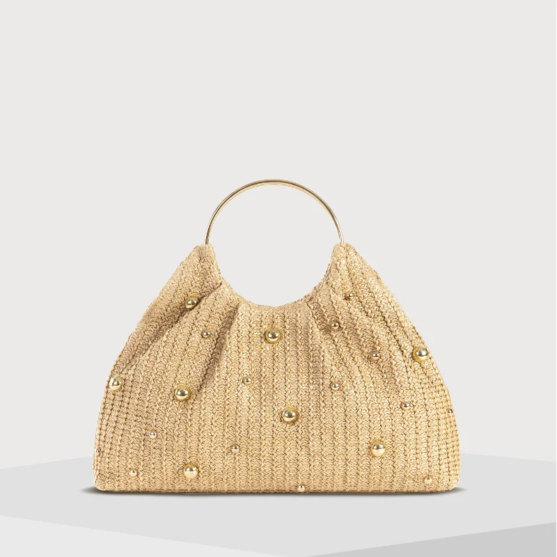

Metal Ring Handbag With Rivets, Fashionable New Straw-woven Soft Handbag For Women On The Beach