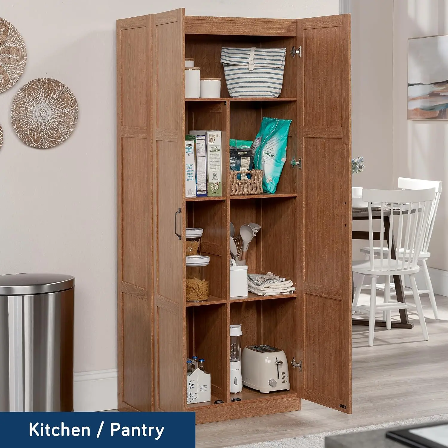 Tall Storage Cabinet, Freestanding Kitchen Pantry Storage Organizer Unit With Four Adjustable Shelves, Multi Purpose Utility Furniture For Laundry Room Home Office Garage, Rustic Highland Oak Color view 4