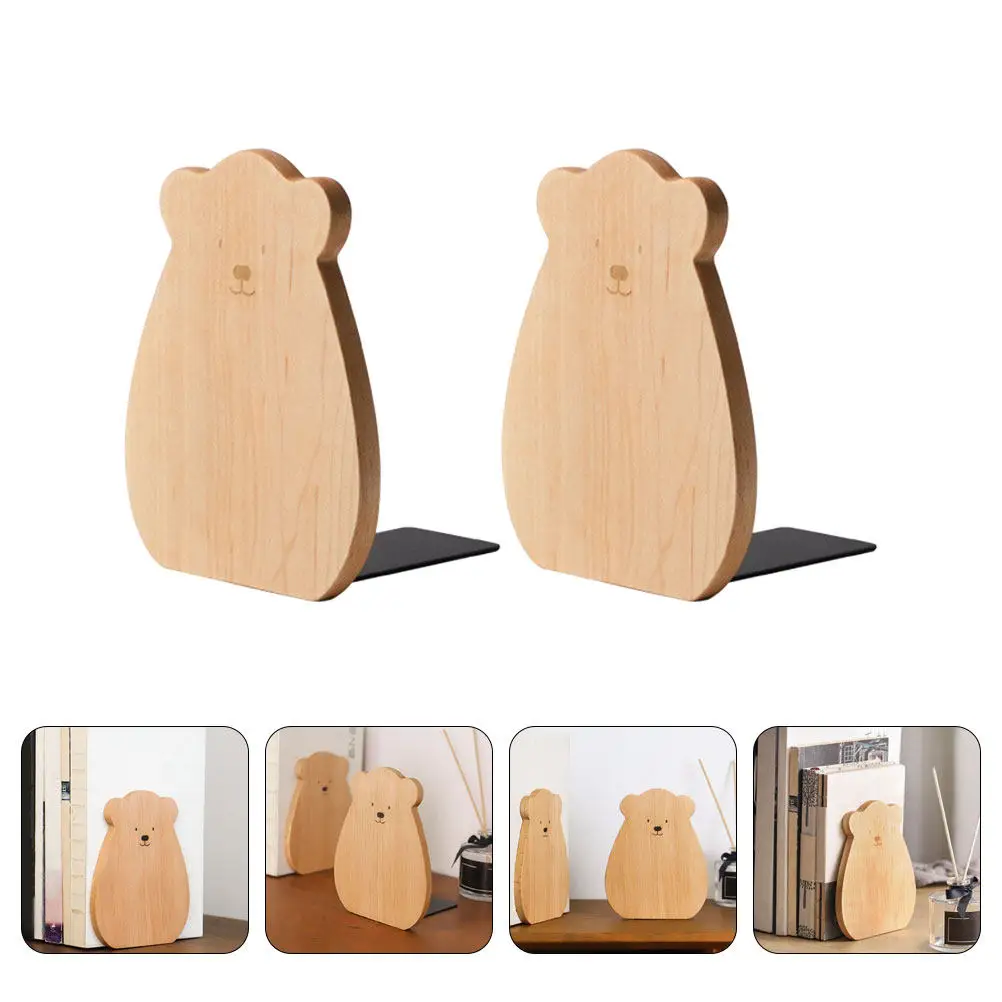 2Pcs Wooden Book Ends Wood Organizer Exquisite Bookends Cute Bear Shape Home Office Desktop Neat Display
