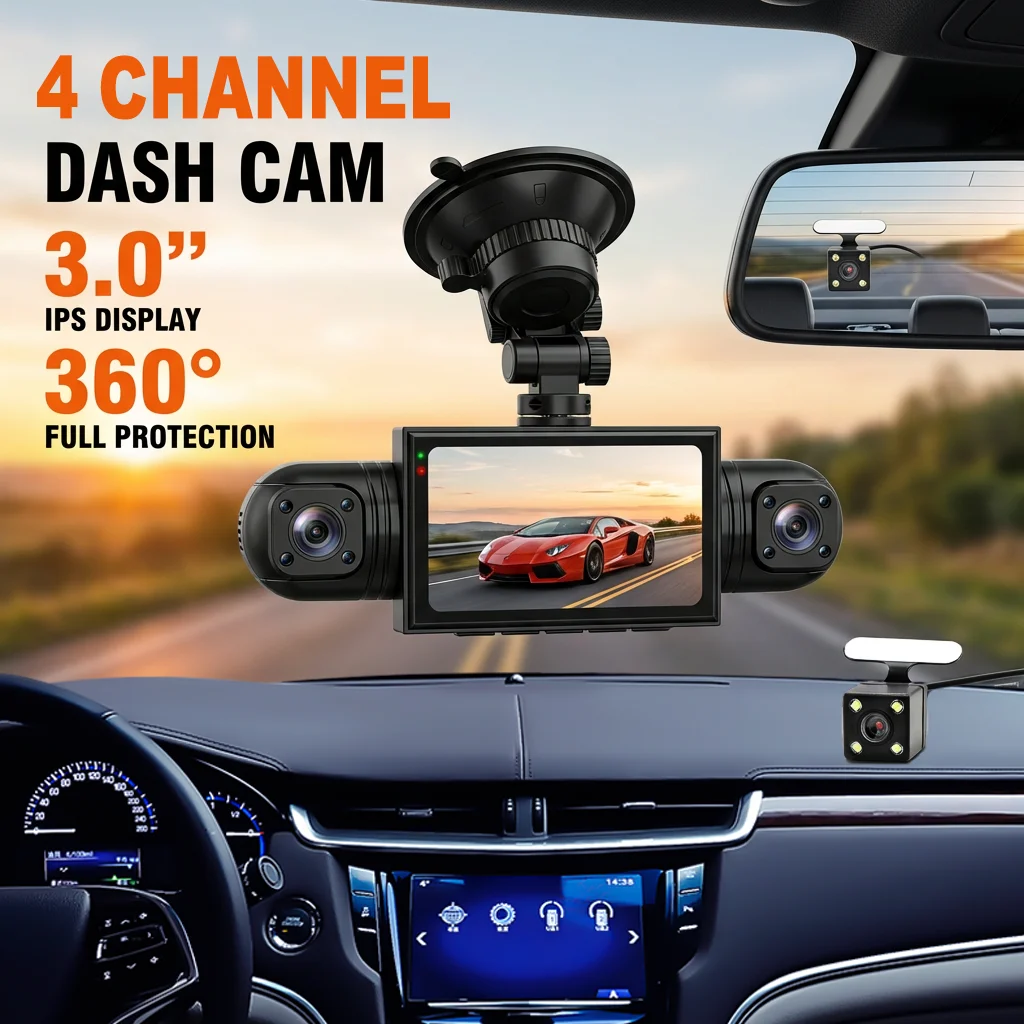 4 Channel Dash Cam Front Rear Left Right Inside Camera WiFi 1080P HD Light Night Vision Video Recorder Parking Monitoring