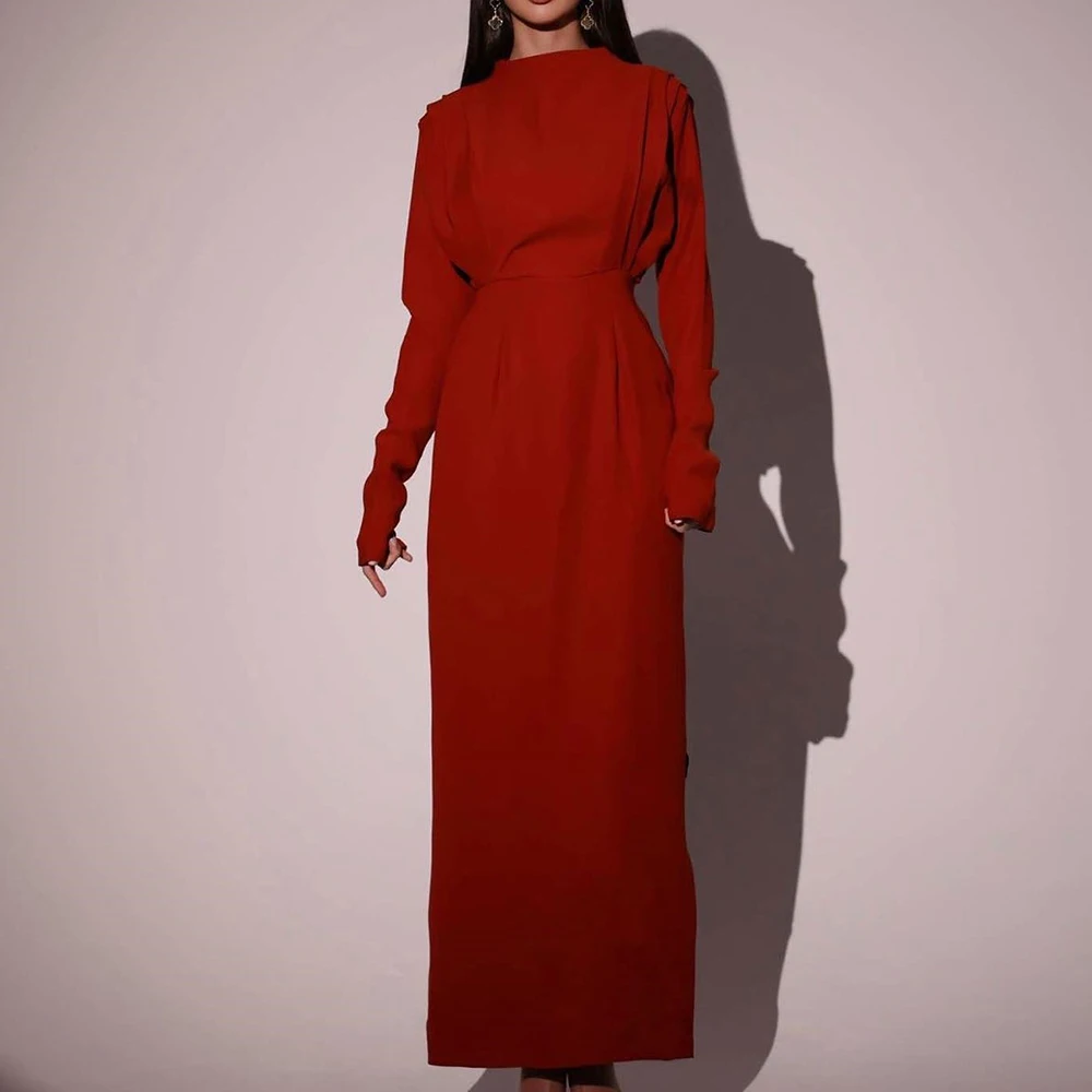 

Elegant Long Sleeves Jersey Straight Boat Neck Tea Length Evening Dress Solid Red Pleats Dresses For Formal Occasions Simple