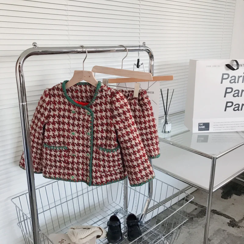 

Girls Suit2025Winter New Children's Plaid Jacket for Girls Baby Elastic Waist Shorts Wholesale
