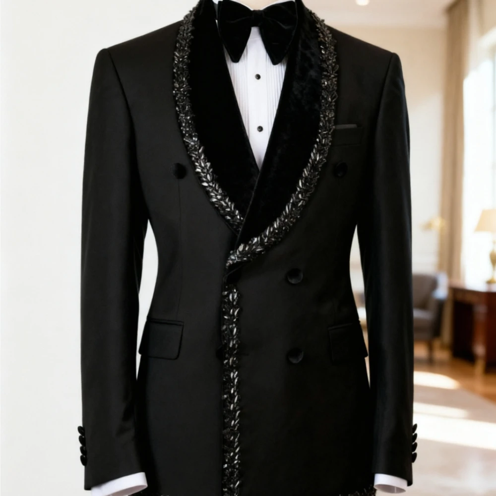 

Beaded Men Suits Luxury Double Breasted Tuxedo Velvet Shawl Lapel Rhinestone Slim Fit Formal Tuxedo Wedding Prom Red Carpet