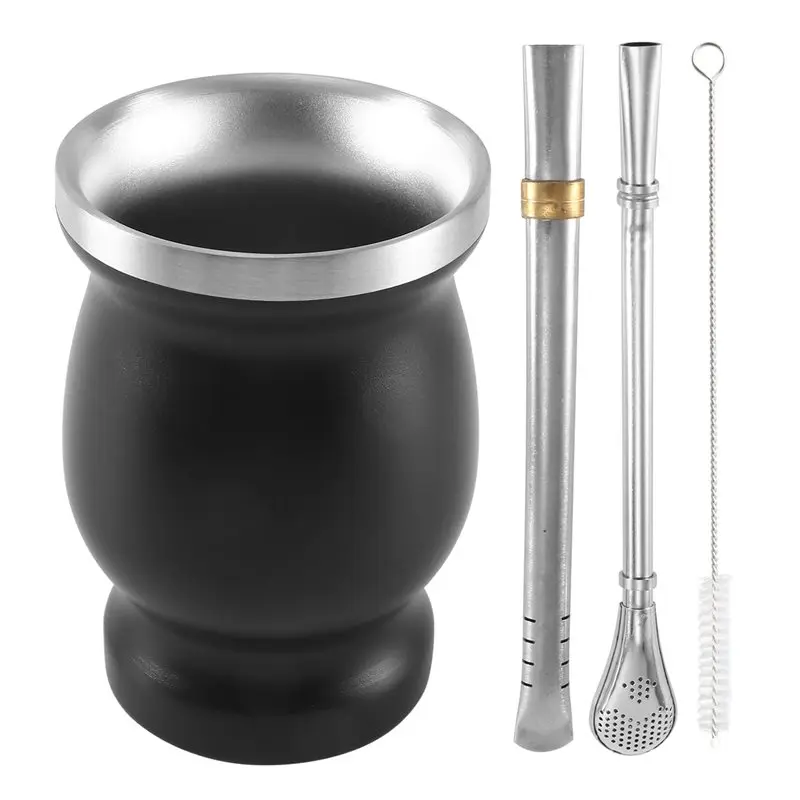 BMBY-5X Double-Wall Stainless Yerba Mate Gourd Tea Cup Set Coffee Water Cup With 10 Bombillas Straws Spoon& Brush 8Oz Black