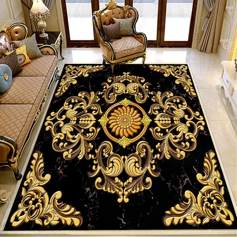 Customized Self-Adhesive Floor Self Adhesive Wallpaper 3D Black Marble Golden Carving Mural Living Room Hotel Luxury Floor Tiles