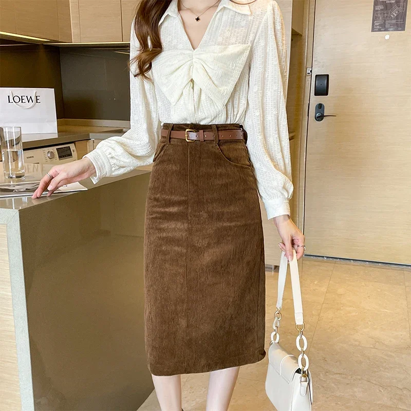 Office Lady Vintage Autumn Winter Corduroy Midi Skirt Woman Spring Fashion Casual Korean Fashion Clothing Female Cheap Wholesale