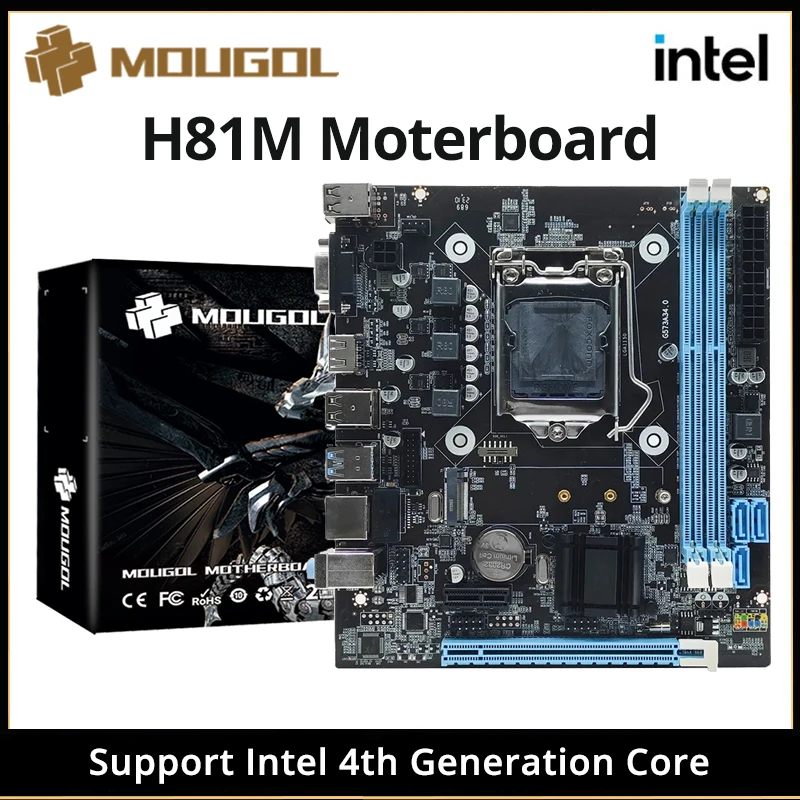 MOUGOL H81M 게임용 마더보드, 듀얼 채널 DDR3 M.2 NVME PCIEx16 HDMI VGA 인터페이스, LGA 1150, 인텔 코어 4 세대 CPU 지원 