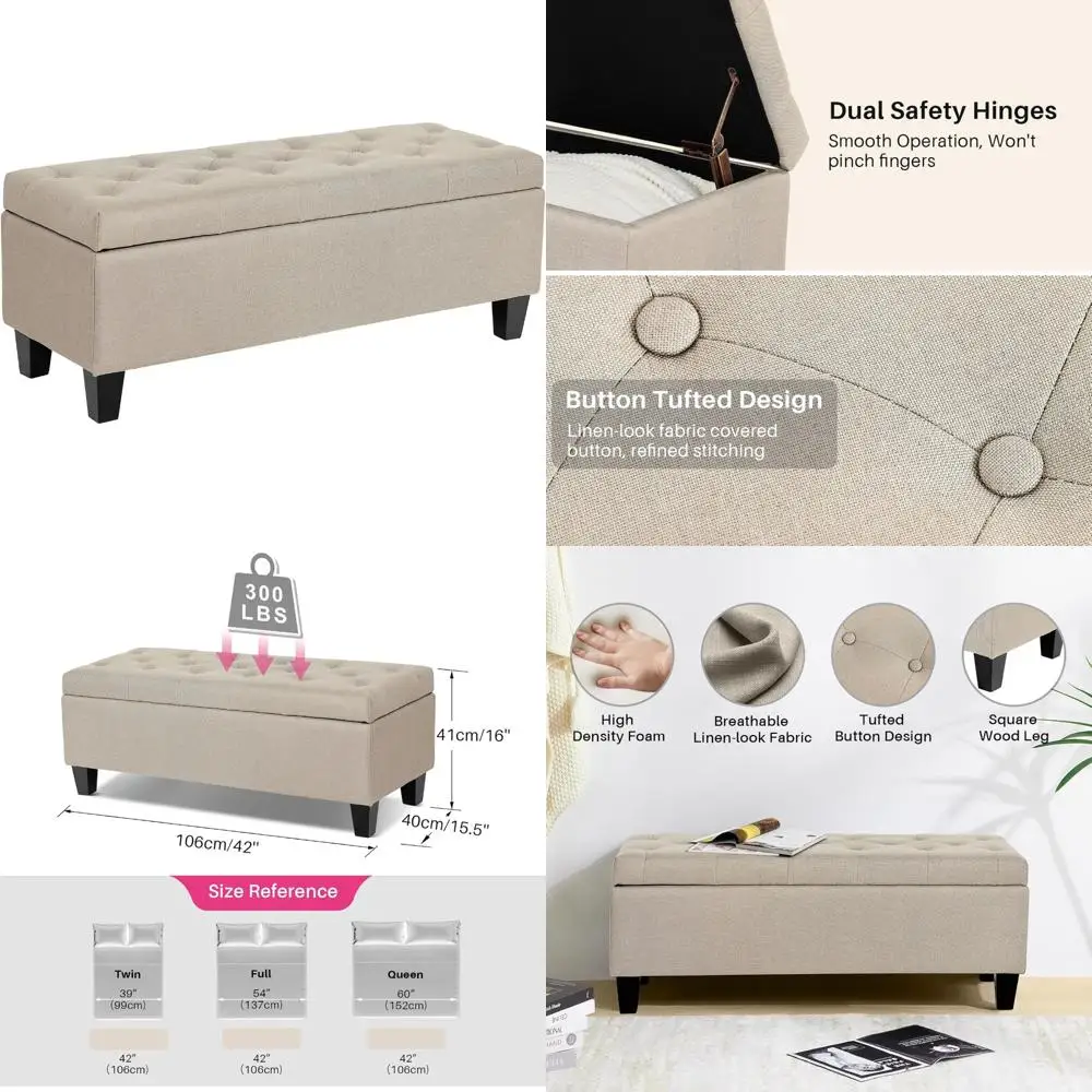 

Upholstered Storage Ottoman Bench with Safety Hinge - Large Modern Accent Bench for Living Room and Bedroom