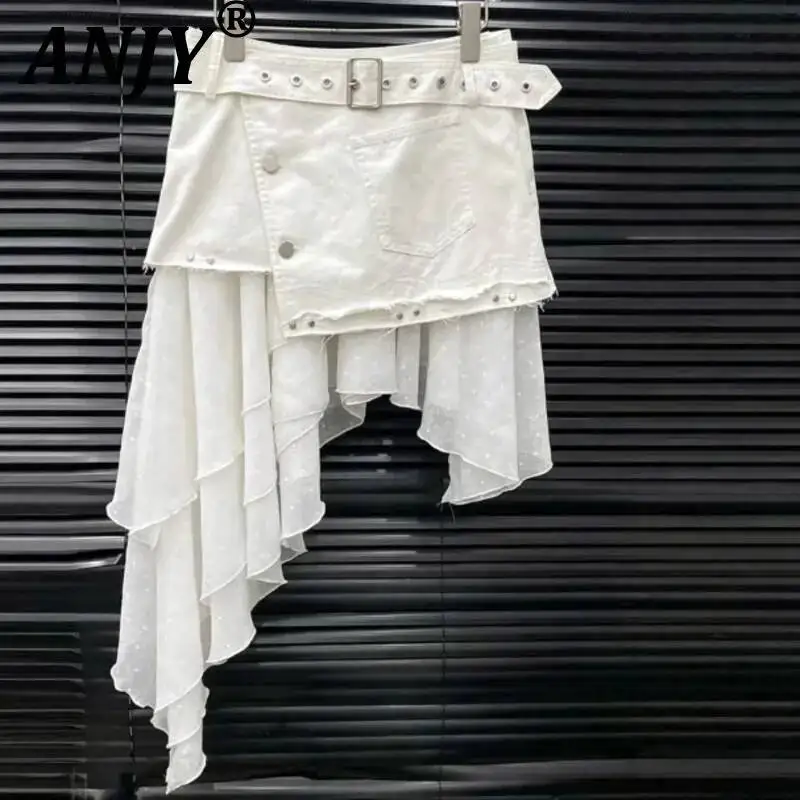 

ANJY Summer New Women Tide Fashion Spliced Chiffon Irregular Short Skirt Stylish Sheer Long Sleeve Lace-Up Design Blouse A23095