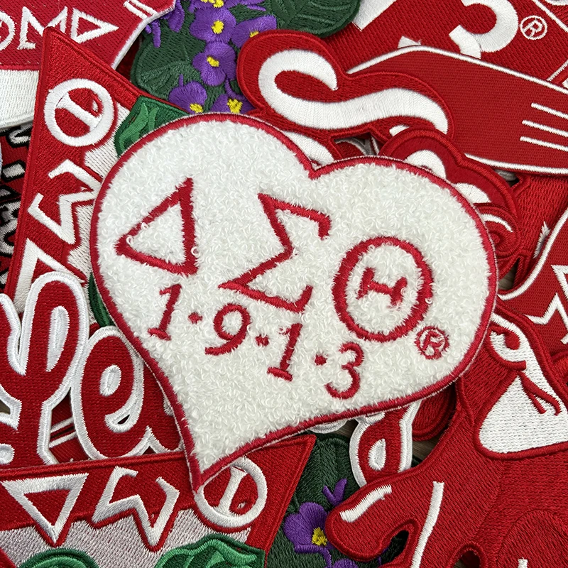 Custom Stock Embroidered Delta Sigma Theta Greek Sorority Soror 1913 delta Shield Crest Red Elephant Iron on Patch for Jacket