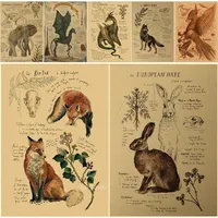 Vintage Kraft Paper Poster Prints  Red Fox Dragon Elephant Phoenix Thestral Wolf Hare  Natural Study Wall Art for Home Room Deco