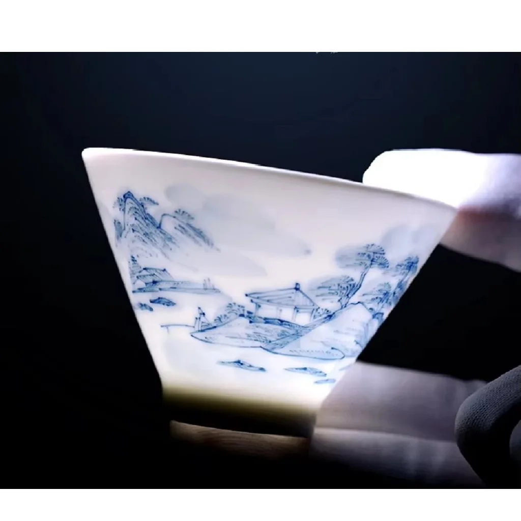 

Jingdezhen-Ceramic Kungfu Tea Cup, Small Tea Bowl, Handpainted Blue and White Landscape Tea Ware, Tablet Cup, Single Cup