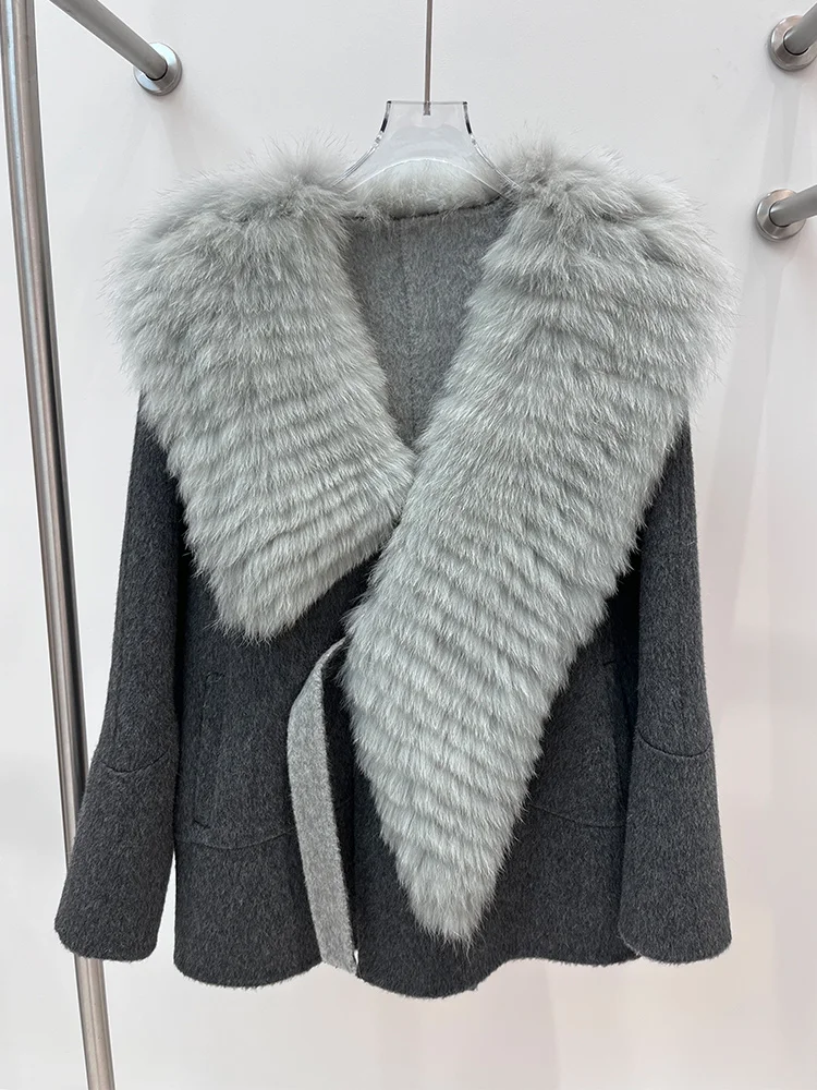 2025 frauen Winter Warme Natürliche Echt Fox Pelz Kragen Woolen Jacke Weibliche Luxus Damen Jacken Streetwear