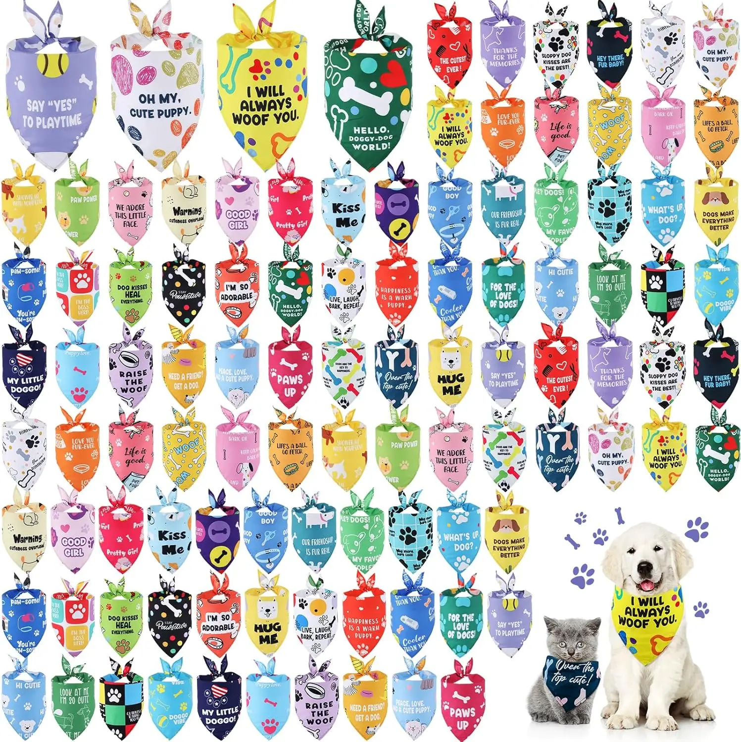 100 Stück Hunde-Bandanas, große Pfotenabdruck, Hundeschal, Lätzchen, Welpen-Haustier-Bandanas mit Captions, verstellbarer, waschbarer Dreiecksschal für Haustiere – Detail 1