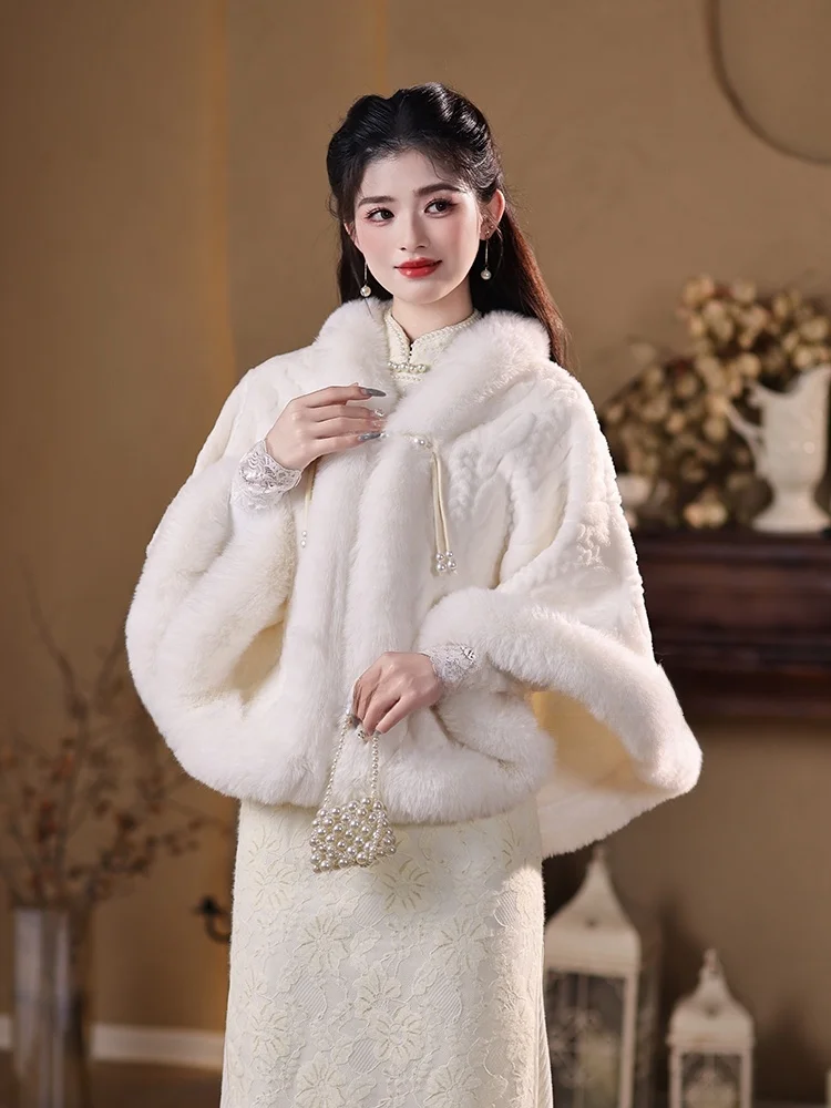 厚手のフロッキングフラッグローブショルダー冬雪ニエルジアファー上着新中国風白い妖精風コートハン・イーナブランド