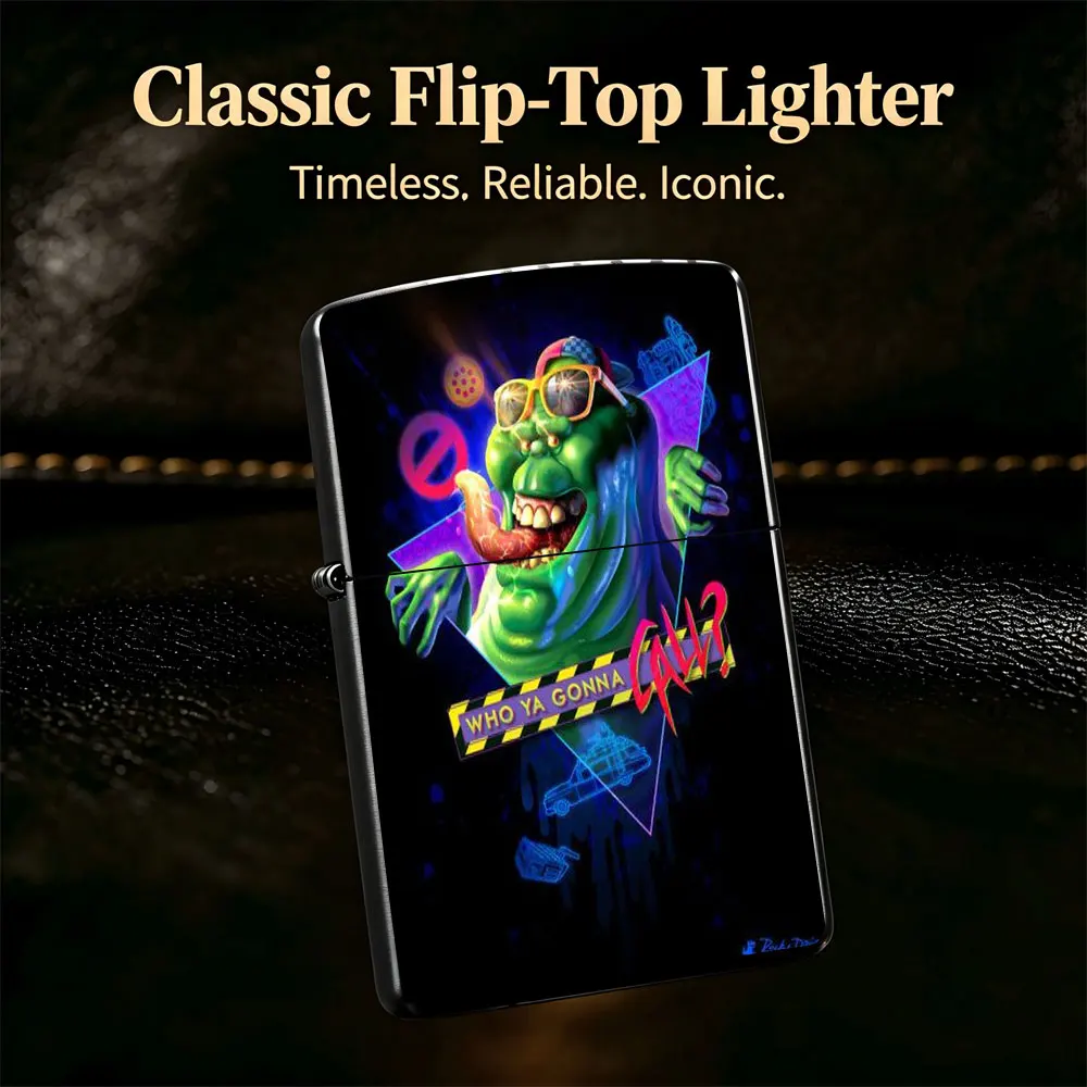 Pocket Lighter, Flip-Top Windproof Design, Cartoon Character with Glasses and Hat Holding Hot Dog Graphic, Metal Case, Comfortable Grip, Portable & Durable