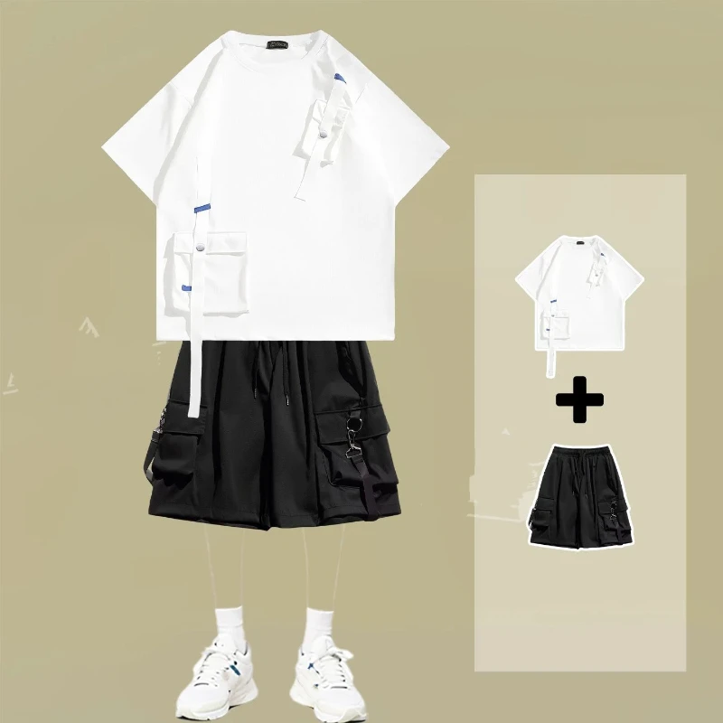 Men's Functional Cargo Shorts with Ribbon Design Streetwear Casual Summer