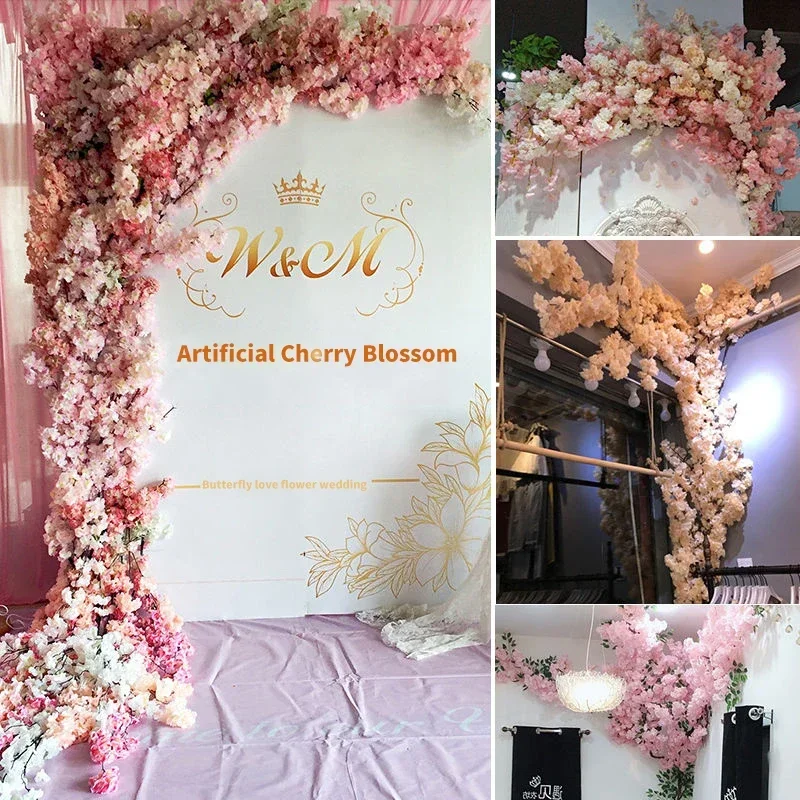 Artificial Cherry Tree Rattan Flower, Silk Wedding Background, Wall Decoration Flower, Home Decoration