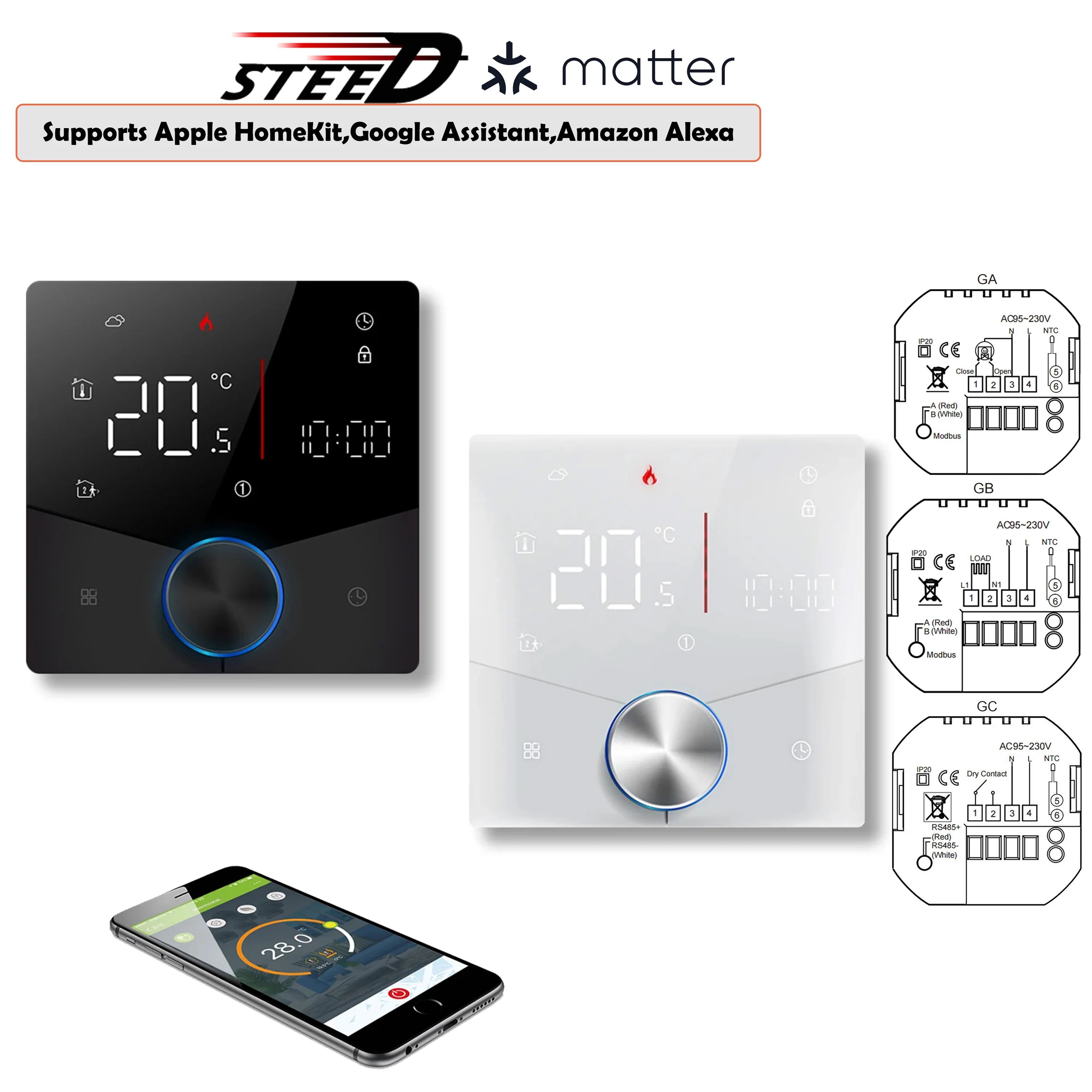 Smart LED Knob Thermostat for Floor Heating - Works with Apple HomeKit,Google,Alexa Via Zigbee/WiFi & Matter Protocol