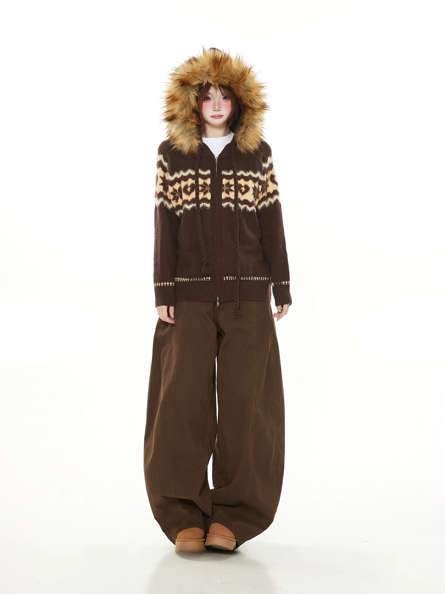 

Свитер Fair Isle с капюшоном Jaet, женский осенне-зимний теплый свободный ленивый меховой воротник, трикотажная одежда, кардиган на молнии